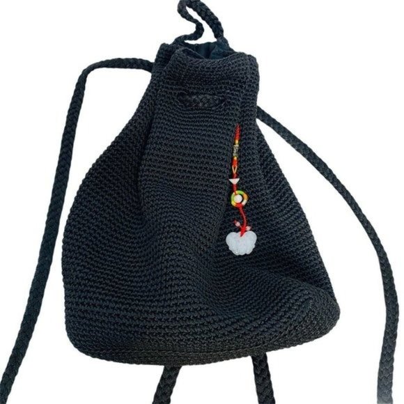 Vintage Black Drawstring Backpack lack woven braid - Picture 1 of 9